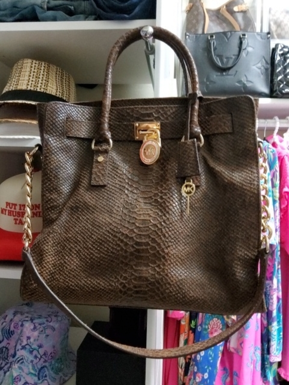 Michael Kors Hamilton Large Leather Moca Tote with Gold Hardware